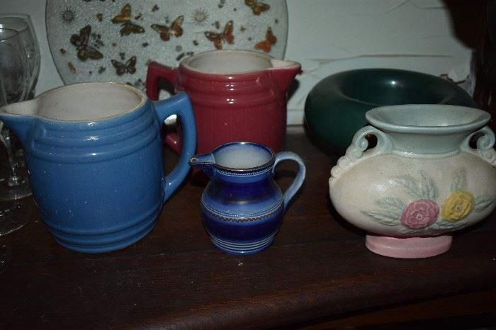Antique Stoneware Pitchers and Hull Pottery Vase