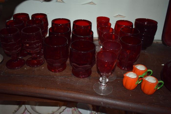 Antique/Vintage Ruby Glass Drinking Glass and 3 Porcelain Potteryware Pitchers in Orange Color