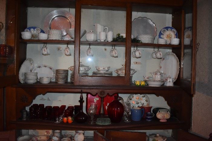 This Built in Original China Cabinet from the 1830's features Antique Milk Glass, China and Stemware plus Antique Ruby Glass and More!