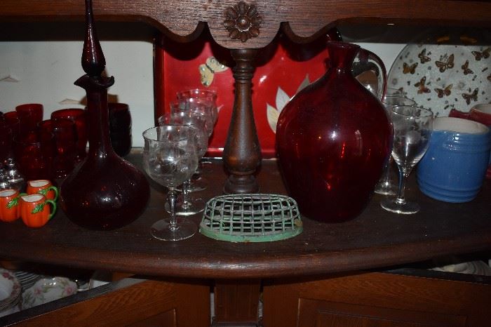 Antique and Vintage Glassware plus Stoneware, Metal Flower Frog, Vintage Tray and Charger