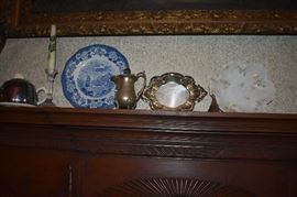 Antique Flow Blue Plate, Porcelain Hand Painted Plate with scalloped edging, footed Silver Teapot, and Vintage Teapot with Chrome Cover plus there is a pair of the Cut Glass Candle Sticks