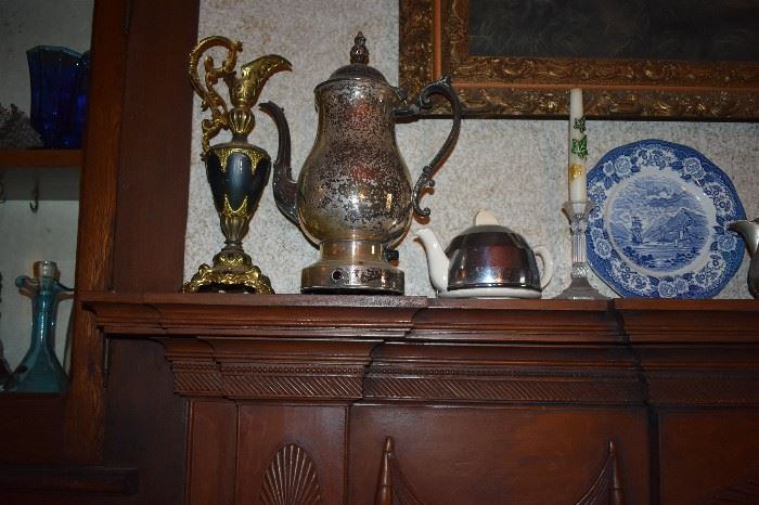 The other side of the Mantle features an identical Greco Pitcher Urn with Gold Gild and Black Motif, Vintage Silver Electric Teapot and a much better pic of the Vintage Chrome Covered Teapot
