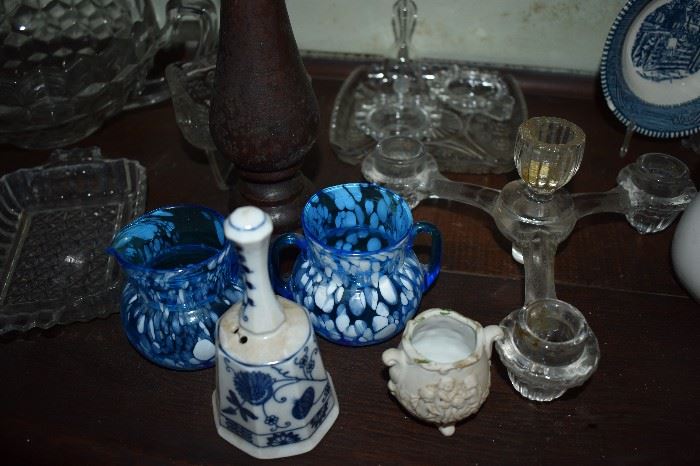 Spatter Glass Dbl Handled Vase and Pitcher plus Flow Blue Bell, a portion of a Vintage Glass Candelabra and more!