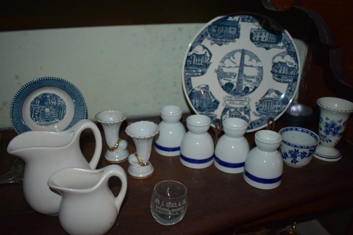 Pottery Ware and Porcelain Pieces all Vintage plus Advertising Roly Poly Bar Glass advertising Cascade Whiskey