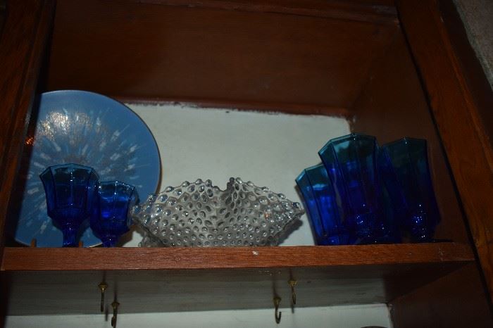 Antque/Vintage Blue Glassware and Plate plus Beautiful Art Glass Hobnail Vase