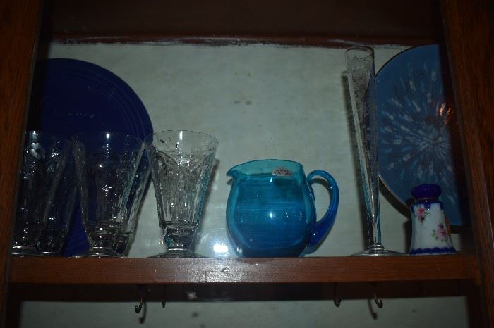 Antique Glass Drinking Goblets with Cut Glass Designs plus Vintage Blue Glass Pitcher, Blue Plates, Gorgeous Flow Blue Shaker and Antique Etched Glass Bud Vase 