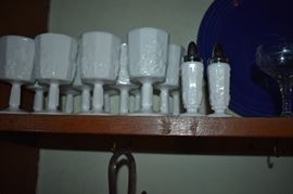 Antique/Vintage Milkglass Stem Goblets and matching Salt & Pepper Shaker all with Grape & Cable Design