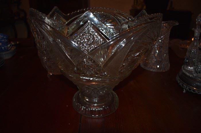 Large Antique Glass Punch Bowl, with Intricate Design Qualities and Glass Base