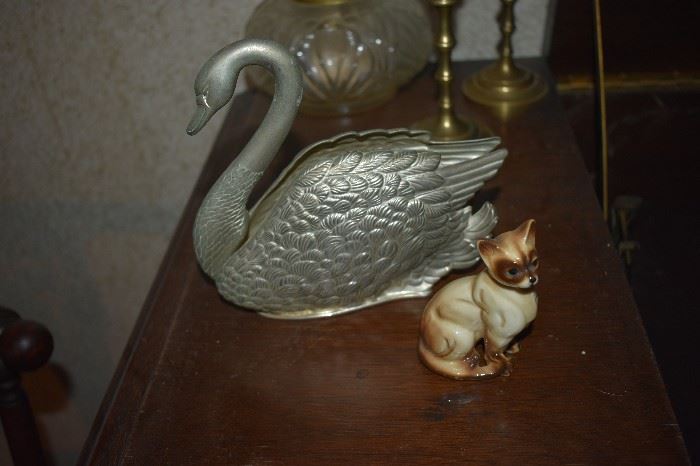 Vintage Nouveau Swan Napkin Holder and Porcelain Cat/Fo