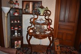 Gorgeous Antique Etagere' with Antique and Collectible Glassware, Pottery & Porcelain with Antique Wall Phone propped against the Doorway.
++Also++
Antique Corner Unit 4 Shelves with Drawer also featuring Aunt Jemima Cookie Jar, Teapot, Salt and Peppers and More ***Plus*** Framed Antique Wall Mirror, Vintage Torch Lamp and Table Lamp with Leaded Glass Shade