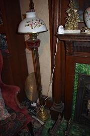 One of 2 Matching Floor Lamps with Brass and Cranberry Glass Base with Milk Glass Hand Painted Globes ***Plus*** Matching Mantle or Table Lamps in Gone With the Wind Style also Hand Painted. The set is Absolutely Beautiful!