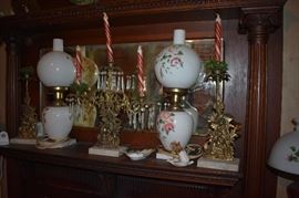 One of 2 Matching Floor Lamps with Brass and Cranberry Glass Base with Milk Glass Hand Painted Globes ***Plus*** Matching Mantle or Table Lamps in Gone With the Wind Style also Hand Painted. The set is Absolutely Beautiful!