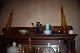 Vintage/Antique Art Glass Vases with Tear Drop Tops, Metal Bowl, Glass Art Tree, Blue Milk Glass Vase and More!