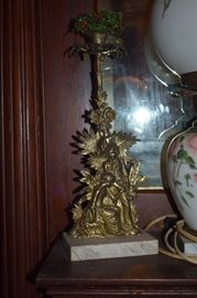 Displayed between the Gone With the Wind Lamps are 3 matching Antique Candelabras with Marble and very ornate Brass Bases