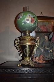 Gorgeous Antique Table Lamp with Ornate Brass Base with Hand Painted Globe