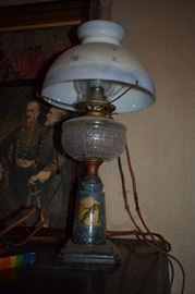 Beautiful and Rare Antique Lamp with Porcelain and Glass Base ( notice the Dog that is Hand Painted on the Base and the Frosted Glass plus the Hand Painted Milk Glass Shade!