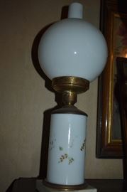 Unusual Antique Milk Glass Base and Globe with Brass Trim