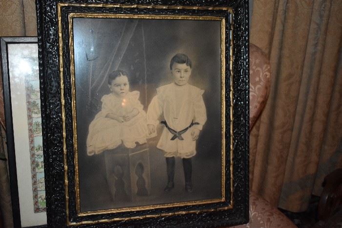 Antique Framed Victorian Era Painting of a  Brother and  Sister. This is a very unusual Painting and most Interesting to say the least.