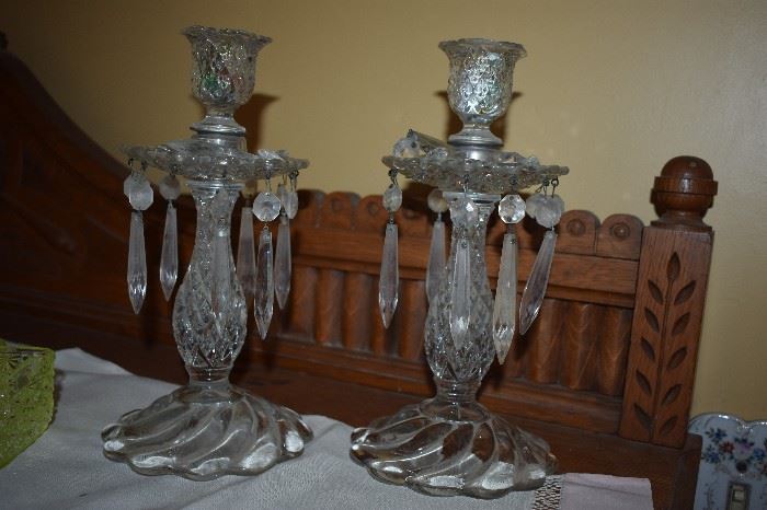 Antique Cut Glass Candle Holders with Crystal Prisms