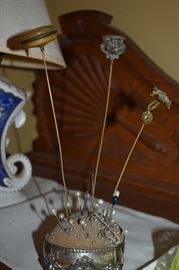 Antique Hat Pins with Ornate Silver Holder 