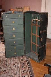 Antique Steamer Trunk - Interior is in Beautiful Condition featuring 7 Drawers on the Left and Wardrobe on the Right.