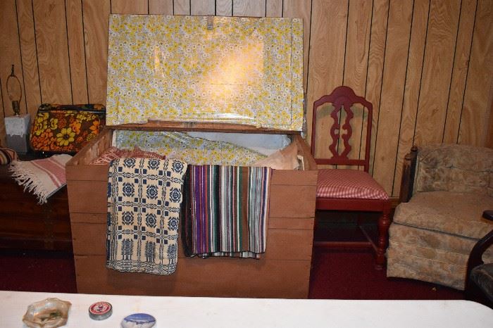 Antique Chest with Quilts, etc. plus 1920's Tudor Leg Chair and Upholstered Chair