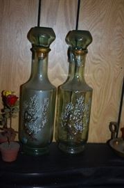 Antique Decanters with Hand Painted Embossed Trees in Blossom