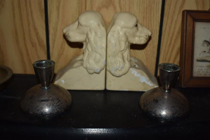 Turn of the Century Dog Head Bookends and Vintage Vases