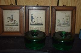 Antique Prints of Language Arts "Verb", "Noun", and "Adverb" plus Antique Glass Candle Holders