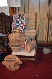 Vintage Baskets, "Golden Sunset" Orange/Grapefruit Basket Lid with Original Label, a Table Top Quilt Rack, Baby Quilt, Victorian Chair can also be seen