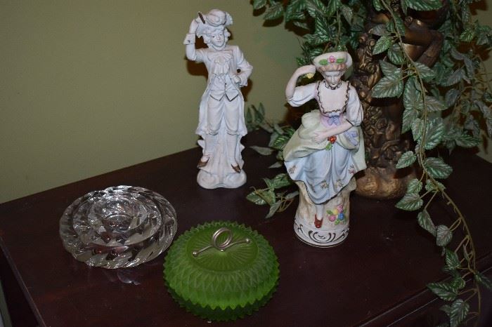 Vintage Bisque Figurines, Green Satin Glass Bowl and a Trio of Vintage Ashtrays