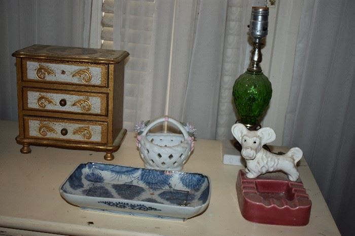 Vintage Ashtray, 3 Drawer Jewelry Box, Green Glass Table Lamp, etc.
