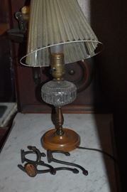 Antique Wooden and Art Glass Based Table Lamp plus Antique Coat Hanger Hooks