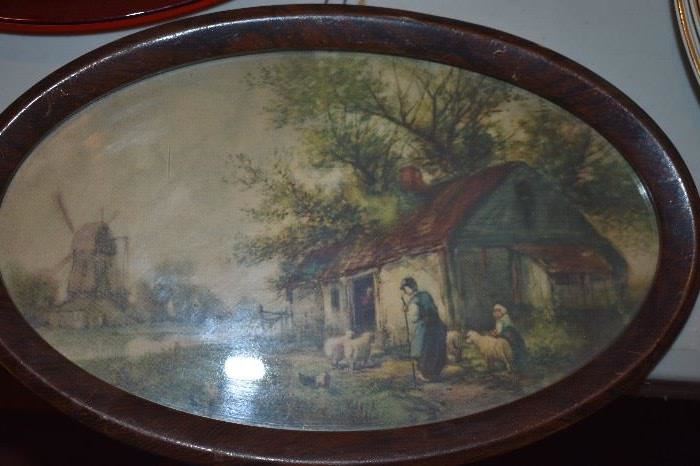 Oval Framed Antique Print of Dutch Countrysid