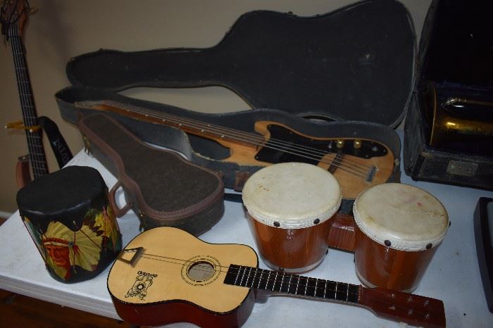 Ukelele's (2) - one Opryland and one antique still in case plus Indian Drum, Bongo's and Vintage Electric Guitar