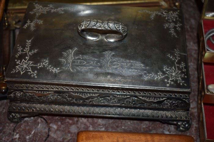 Beautiful Antique Silver Engraved Jewelry Box