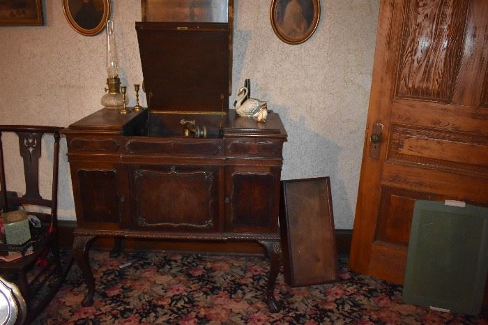 Antique Phonograph with Record Cabinets filled with Antique Records
