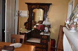 Beautiful Antique Highly Carved Burled Wood  Dresser with Pier Mirror and Marble To