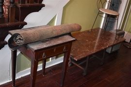 Antique End Table, Marble Topped Iron Leg Table, Dresser Chair and Rolled Rug