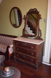 Antique Marble Topped Dresser with Very Ornate Shevel Style Mirror  and 3 Drawers