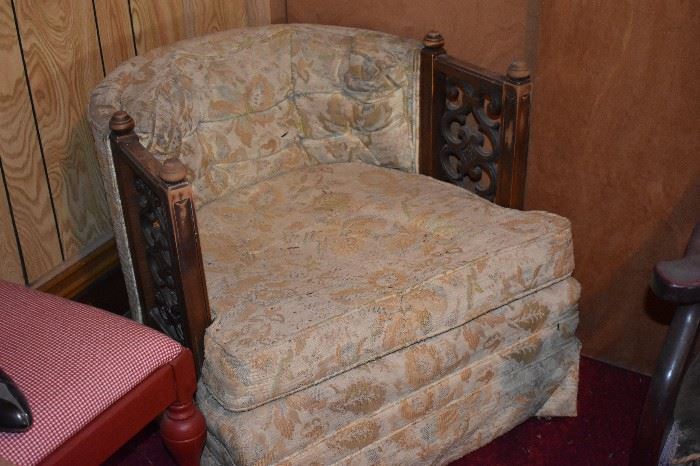 Vintage Upholstered Chair with Beautifully Carved Side Arms
