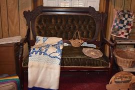 Antique Parlor Settee Highly Carved in Red Velvet