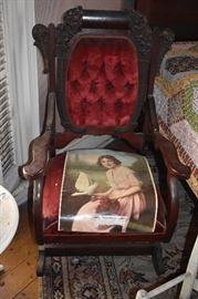 Antique Red Velvet Platform Rocker with Gorgeously Carved Back also a Print from a 1927 Calendar