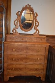 Antique Bird's Eye Maple Gentlemen's 5 Drawer Dresser with Oval Shevel Style Mirror with nicely Carved Yokes