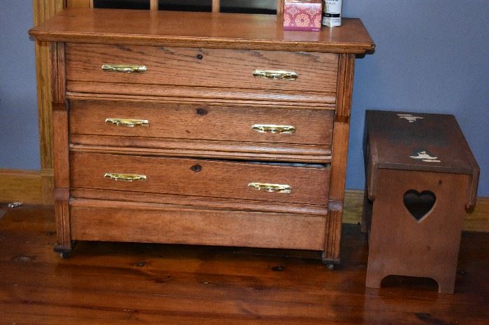 Beautiful Antique Oak 3 Drawer Dresser also small Childs Bench with Carved Heart