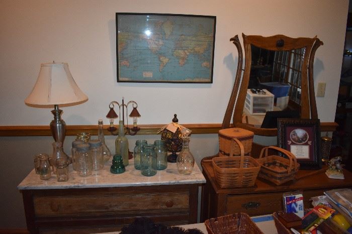 Antique: Marble Top Dresser plus American Oak Dresser with Ox-Bow Mirror and many Collectible Items