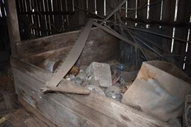 2 Man Buck Saw and Crib of Collectible Jars and Bottles