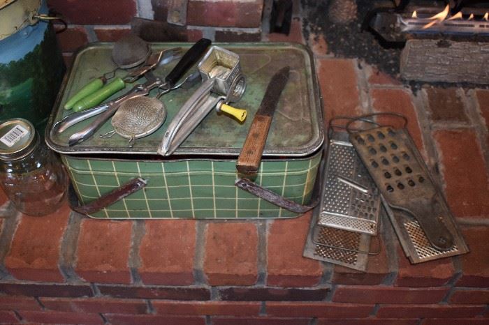 Vintage Metal Pic-nic Basket and Collectible Kitchen Utensils