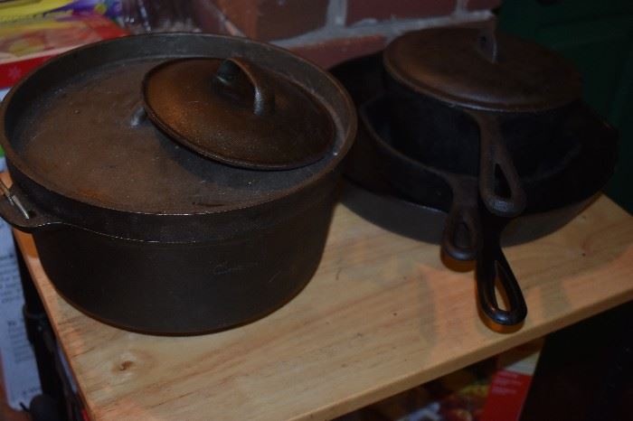 Vintage Cast Iron Dutch Oven and Cast Iron Skillets