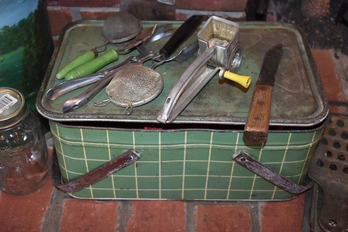 Vintage Metal Pic-nic Basket and Collectible Kitchen Utensils